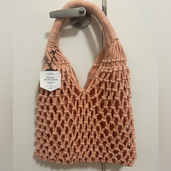Danica Heirloom Handmade Macrame Tote Bag Peach Cotton Boho Market Bag - Picture 2 of 9